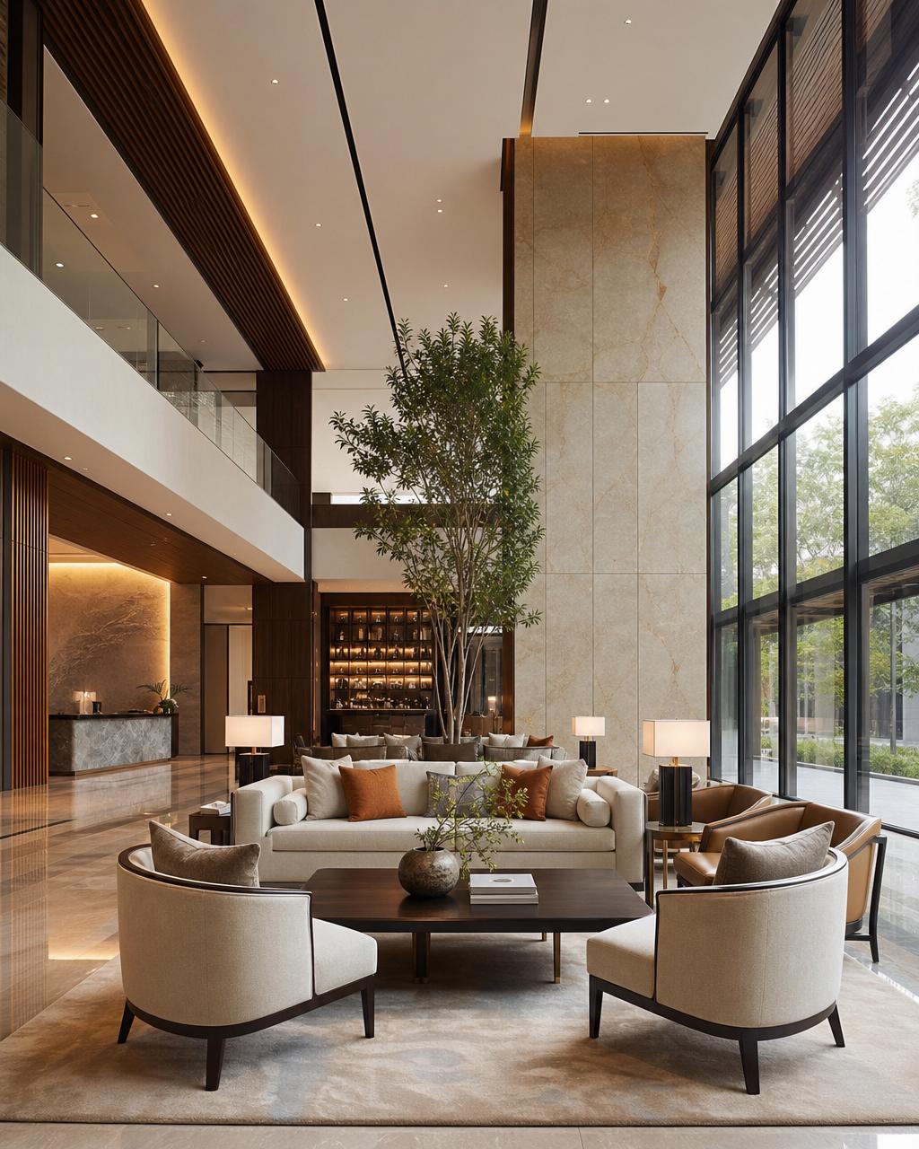 Lobby de hotel de lujo con interiorismo contemporáneo